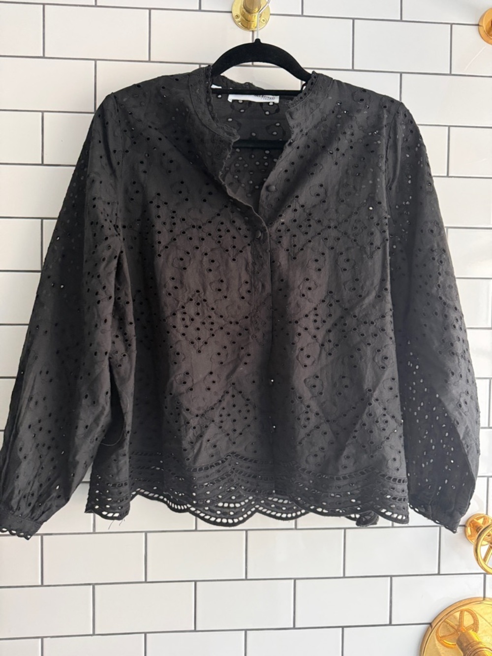 Women’s Black Eyelet Long-Sleeve Blouse - Classic Eyelet Detail